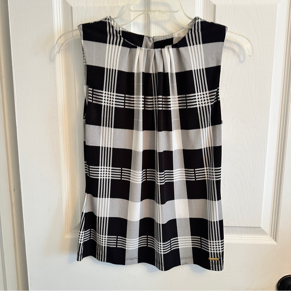 Calvin Klein Pleated neck detail Black and White Plaid Sleeveless Top